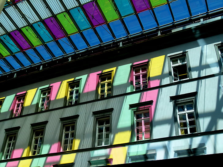 colorido, edificio, arquitectura, Inicio, ventana, mosaico de, pared