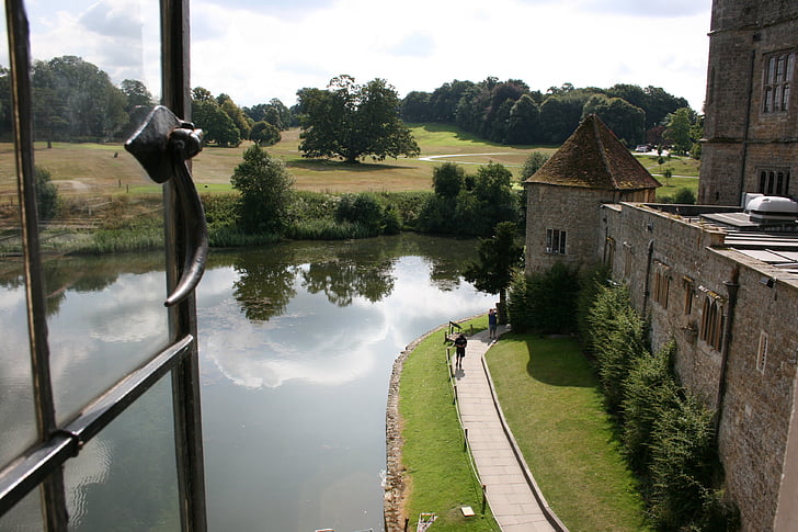 lake, castle, leeds castle, england, stone castle, view from the window of the castle