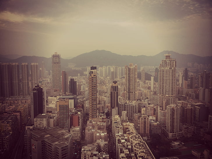 aèria, fotografia, alta, augment, edificis, diürna, Hong kong