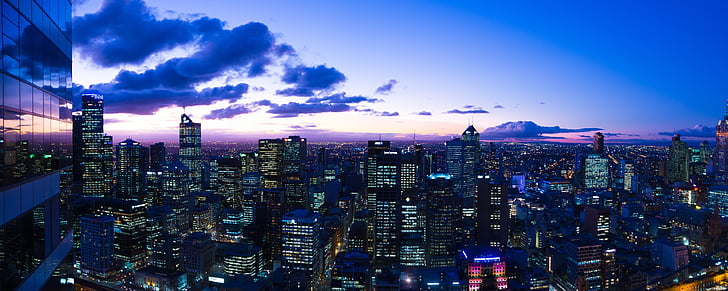 skyline, skumring, Melbourne, CBD, Australia, bybildet, bygge
