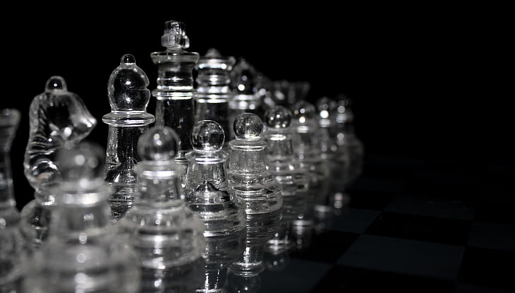jeu, pièces, verre, jeu d’échecs