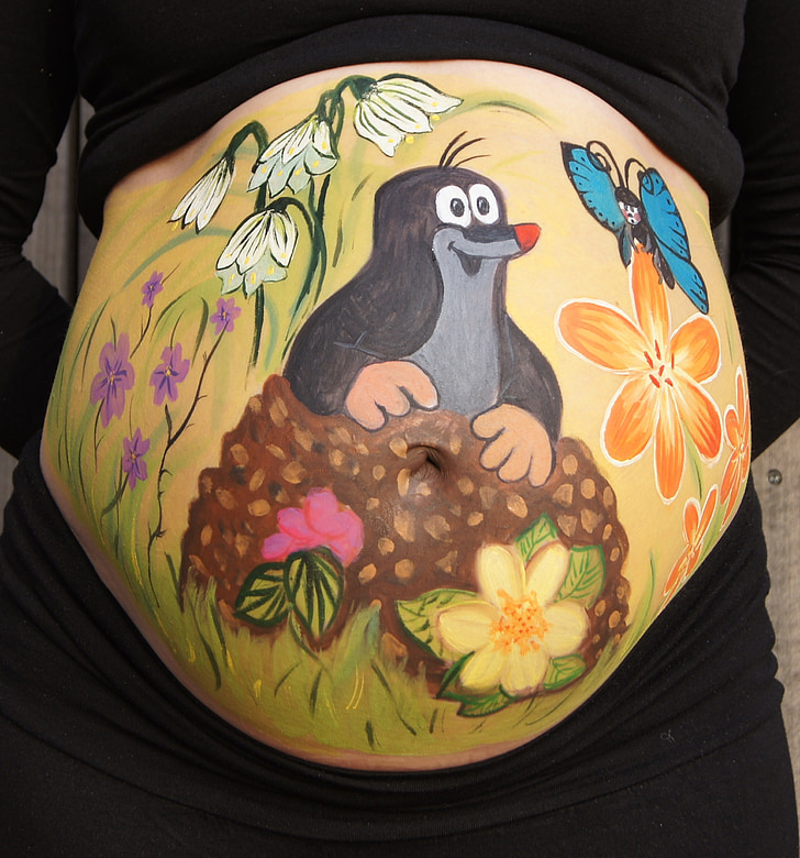 bellypaint, mave maleri, gravid, baby, muldvarp, blomster, sommerfugl