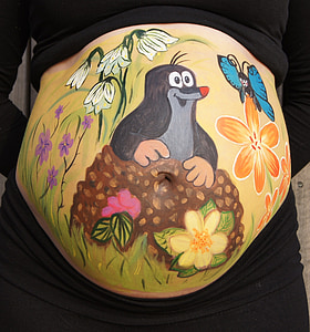 tafereeltje, schilderij van de buik, zwanger, baby, mol, bloemen, vlinder