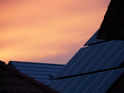 太阳能电池, 首页, 屋顶, 日落, 余辉, 技术, 太阳能发电