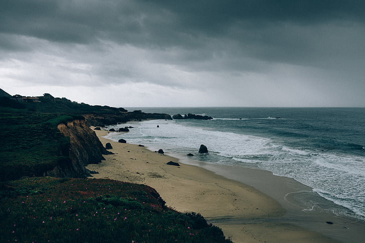 plaža, oblaci, Slaba kiša, tamno, priroda, oceana, stijene