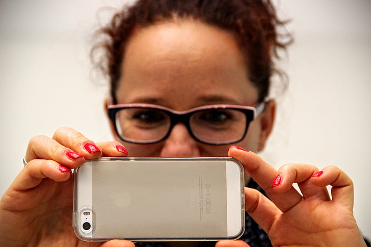 moteris, nuotrauka, iPhone, įrašymas, akiniai, technologijos, Mobilusis telefonas