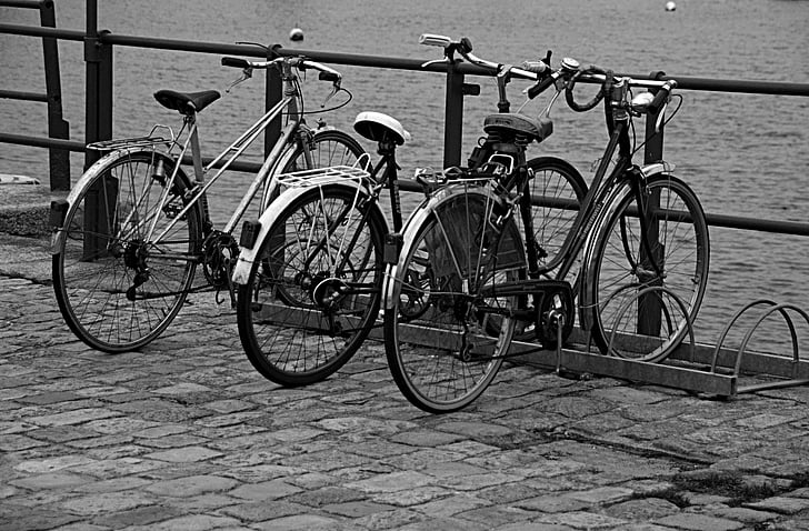 bikes, hobbies, black and white, city, street, sidewalk