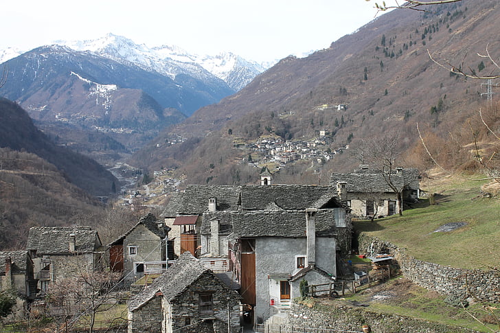 mountain village, north italy, alpine village, rustic stone houses