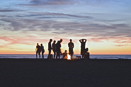 siluett, personer, stranden, solnedgång, eld, vänner, Bonfire
