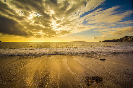 Dorset, Inglaterra, Baía worbarrow, pôr do sol, praia, mar, natureza