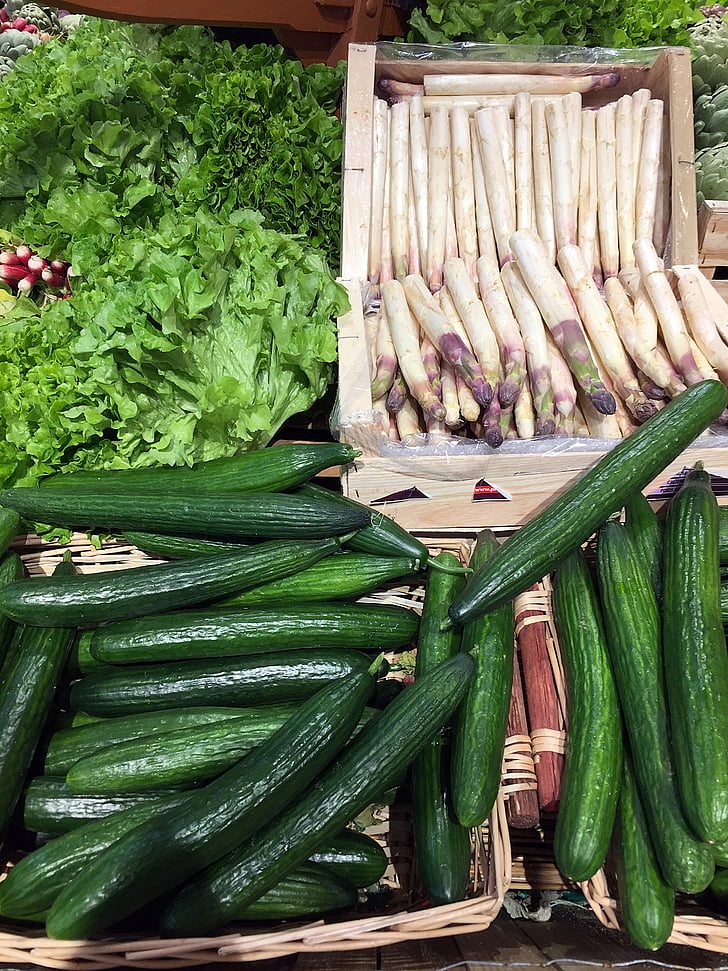 rinkos, agurkai, daržovių, šparagai, salotos, Batavia, žalios salotos