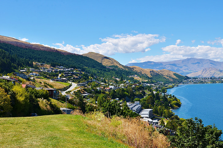 Lac, village, le paysage, eau, montagne, nature, Nouvelle-Zélande