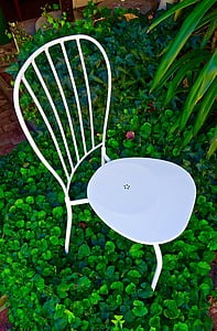 cadira, blanc, jardí, pintoresc, feble, tranquil, relaxar-se