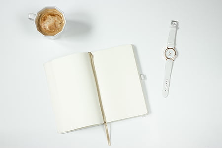 coffee, notebook, watch, work desk, cup, book, paper