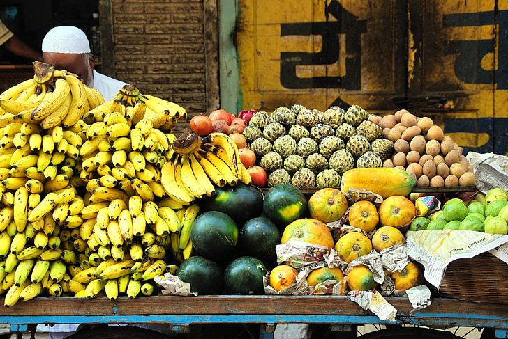 Inde, marché, fruits, afficher, coloré, puissance, exotiques