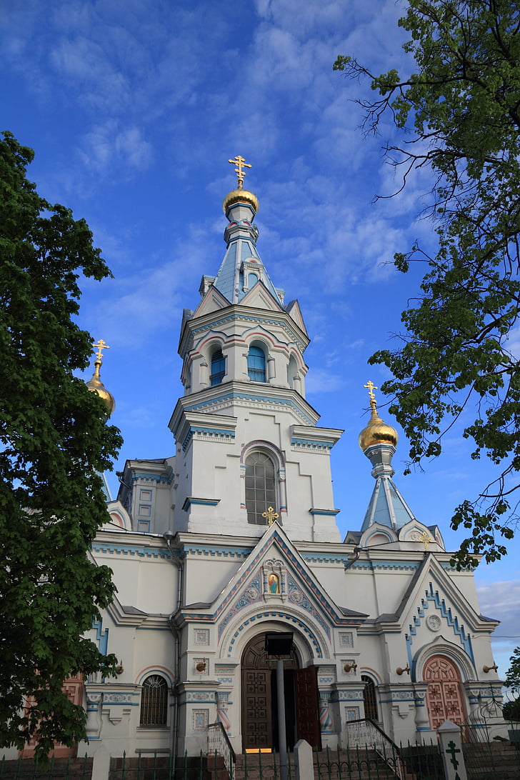 Lettország, Daugavpils, templom, ortodox, kereszt, arany, hagyma