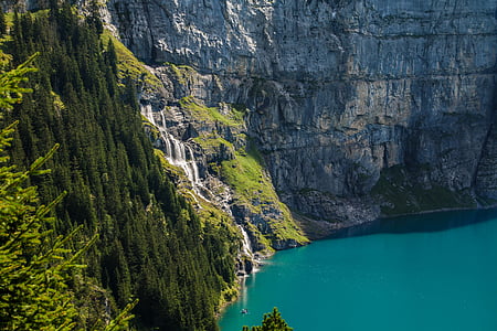 view, bergsee, waterfall, mountains, lake oeschinen, hiking, seascape