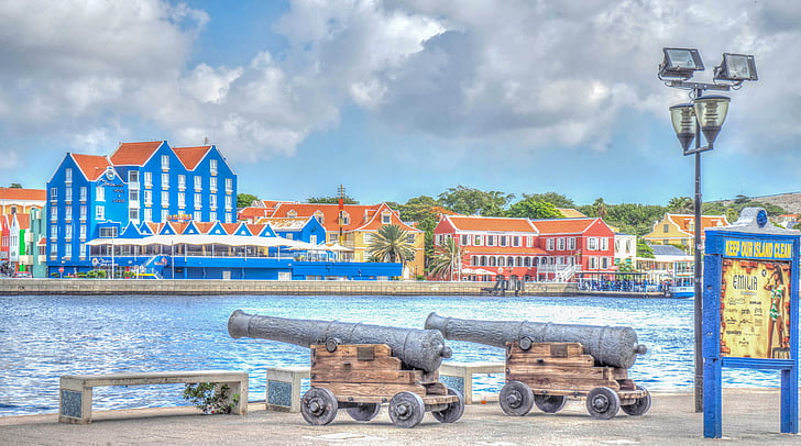 Curacao, Willemstad, építészet, épületek, ágyúk, holland, Antillák