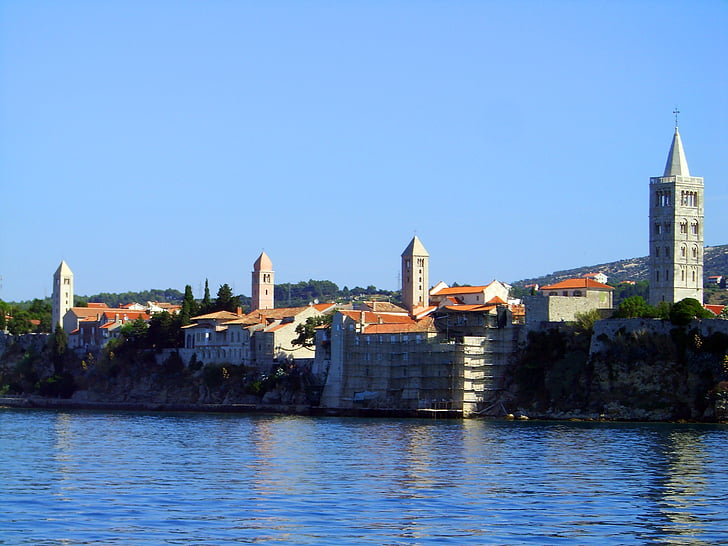 croatia, rab, water, church steeples, religion, churches, island