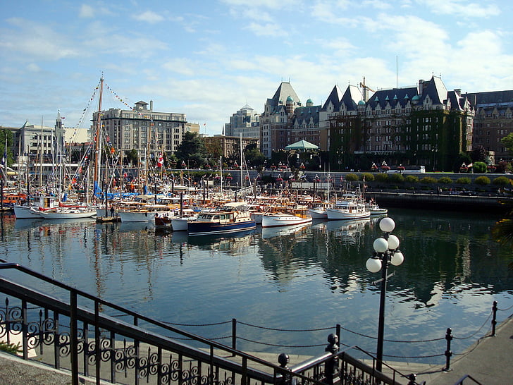 Victoria, Brits-columbia, Marina, boten, het Empress hotel, Canada