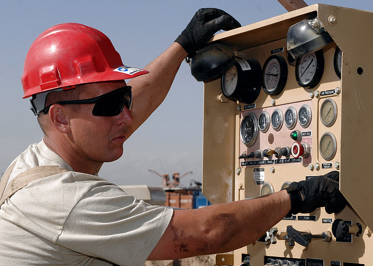 worker, hardhat, helmet, gauges, equipment, drilling, rig
