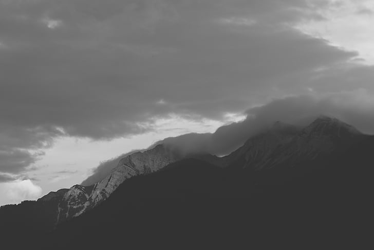 preto, Branco, foto, montanha, nuvens, montanhas, picos