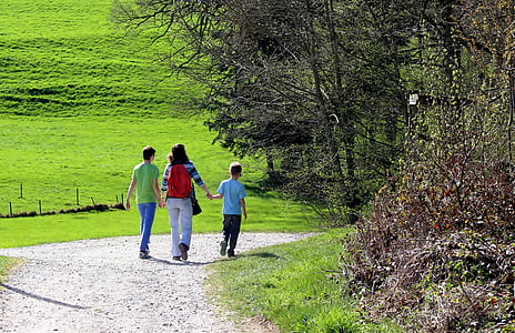 hiking, trail, family, trees, green, leisure, grass