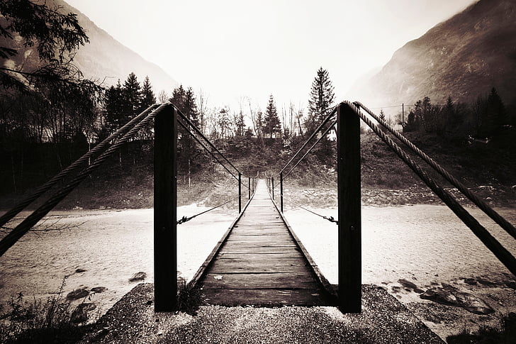 escala de grises, Foto, puente, Río, agua, vía, montaña