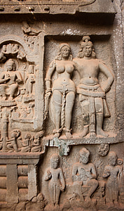 karla caves, figures, buddhism, caves, stone carvings, india, indian