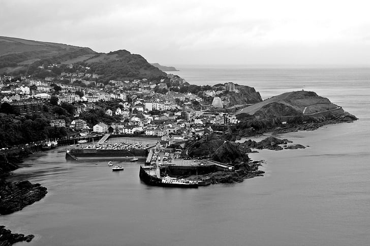 badplaats, Britannia, Island Koninkrijk, Ilfracombe, grijswaarden, Devon, zwart-wit