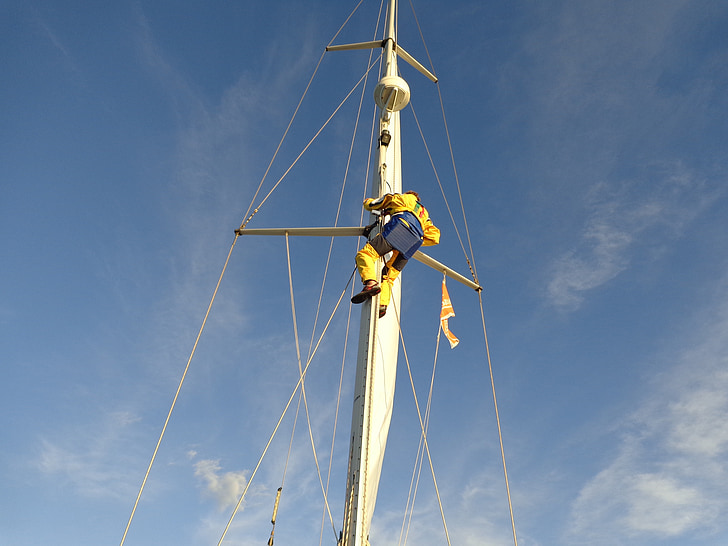 sail, mast, leash, repair, perch, wind, sky