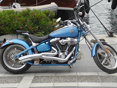 Harley, moto, carretera, unitat, blau, diversió, corbes