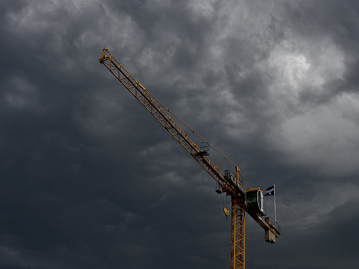 grúa, construcción, industrial, cielo, tormenta, nubes, nublado