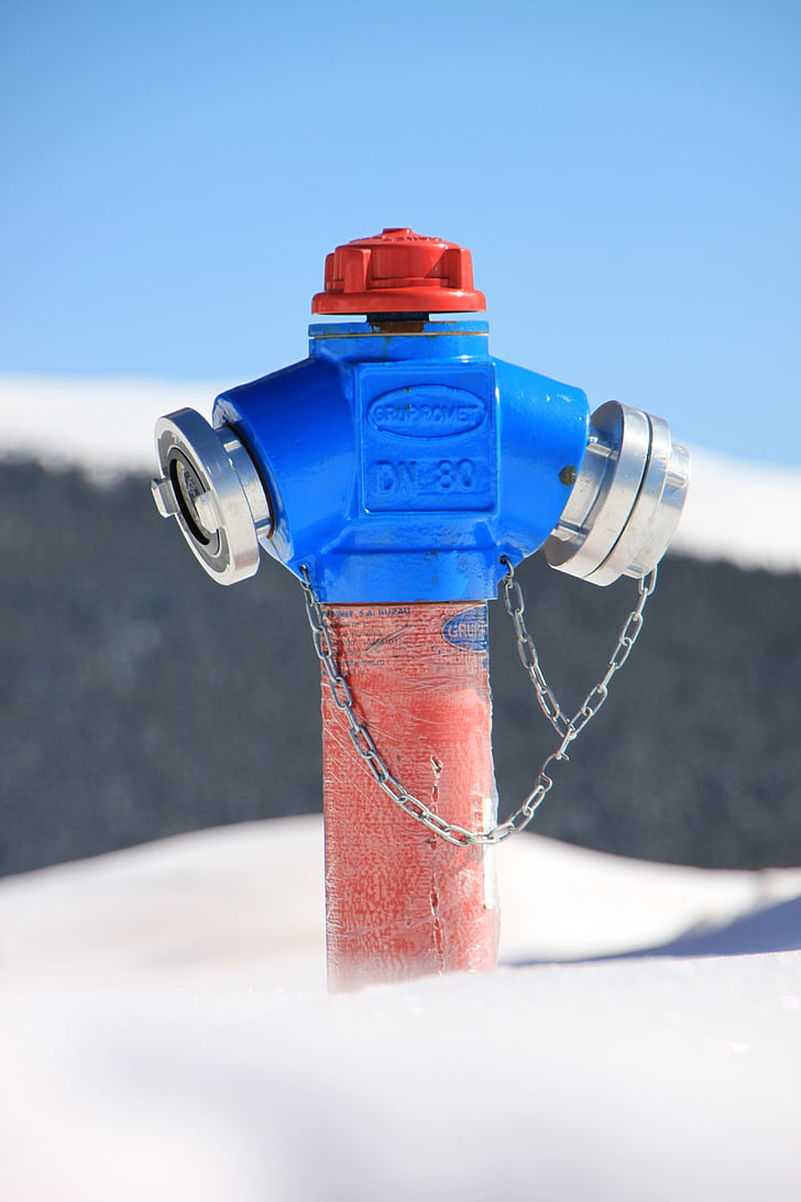 cold, fire, hydrant, red, snow, white, industries