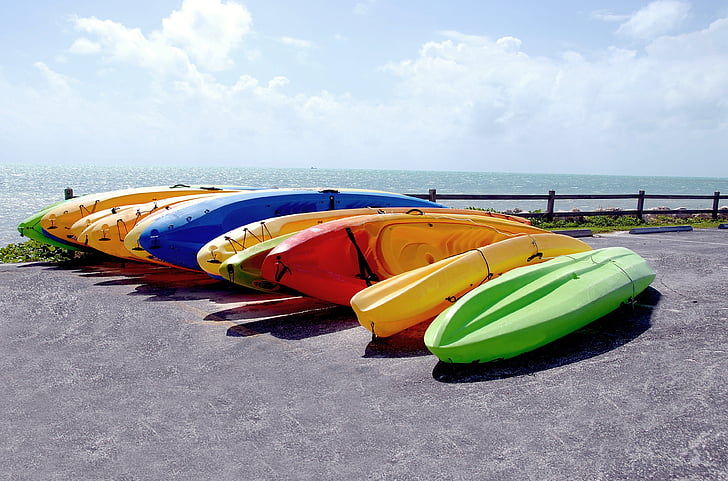 kayaks, for rent, colorful, recreation, summer, vacation, travel