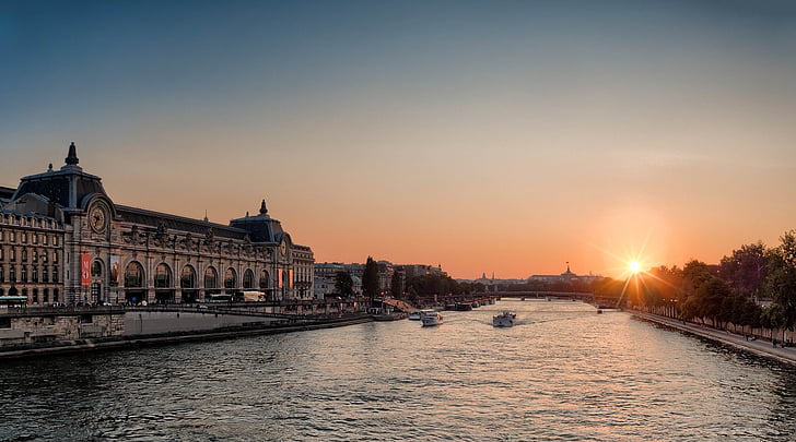 Paris, rivière Seine, coucher de soleil, Muse d’Orsay, Musée, ville, tombée de la nuit