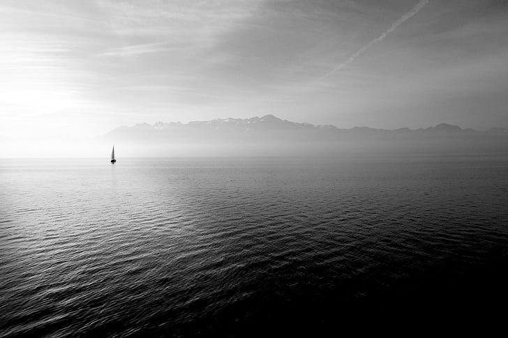 in bianco e nero, Lago, Lonely, natura, nave a vela, nave