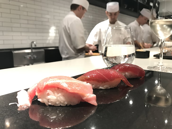 omikase, sushi, nakasawa, Japonês, salmão, sashimi, comida