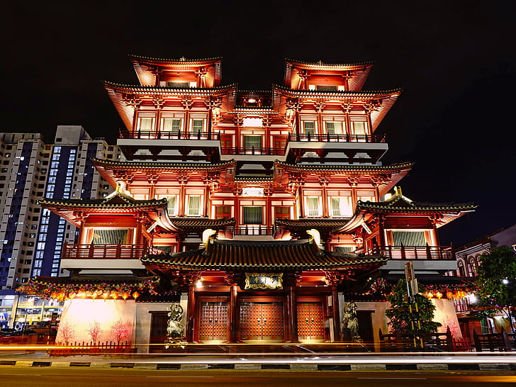 Buddha tooth relic temple, Singapore, Chinatown, Budism, noapte, atracţie turistică, religie