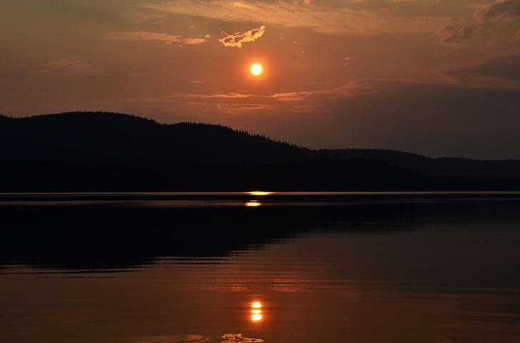sunset, lake, water, orange, clouds, nature, reflection