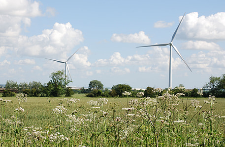 wind, turbines, farmland, environmentally friendly, meadow, scenery, sky