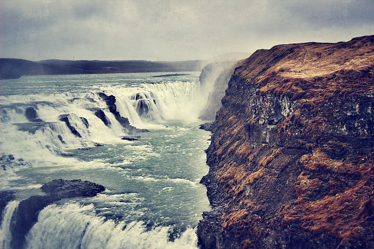 krioklys, Islandija, Gullfoss, upės, srautas, teka, Rokas