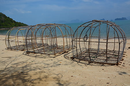 fish trap, baskets, beach, sea, thailand, water, fishing