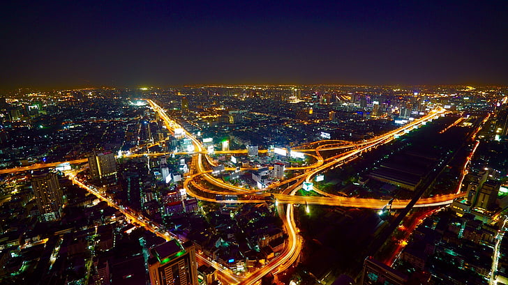 aerial, bangkok, city, night, traffic, illuminated, cityscape