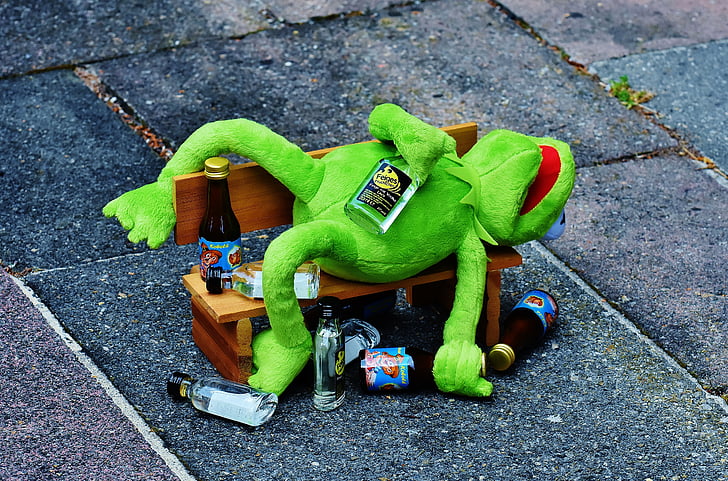 Kermit, žaba, nápoj, alkohol, opitý, banka, zvyšok