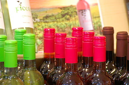 bottles, colorful, wine, glass, color, gaudy, red
