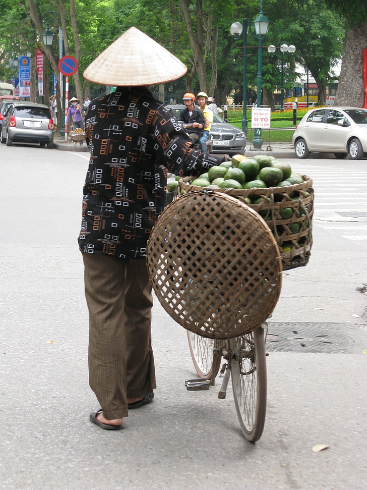kūgio formos kepurės, kokoso, Vietnamas, dviratis