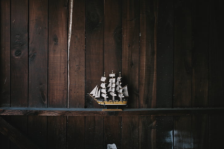 vit, brun, Galleon, statyett, modell, trä, segelbåt