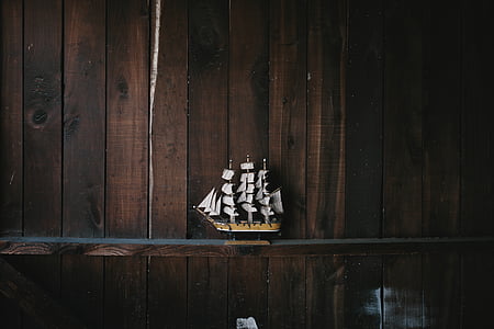 hvid, brun, Galleon, figur, model, træ, sejlbåd