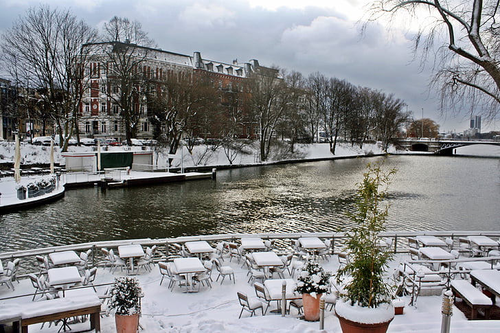 ulicznych kawiarni, Alster, Mill pond, zimowe, śnieg, ZAMKNIĘTA, Hamburg